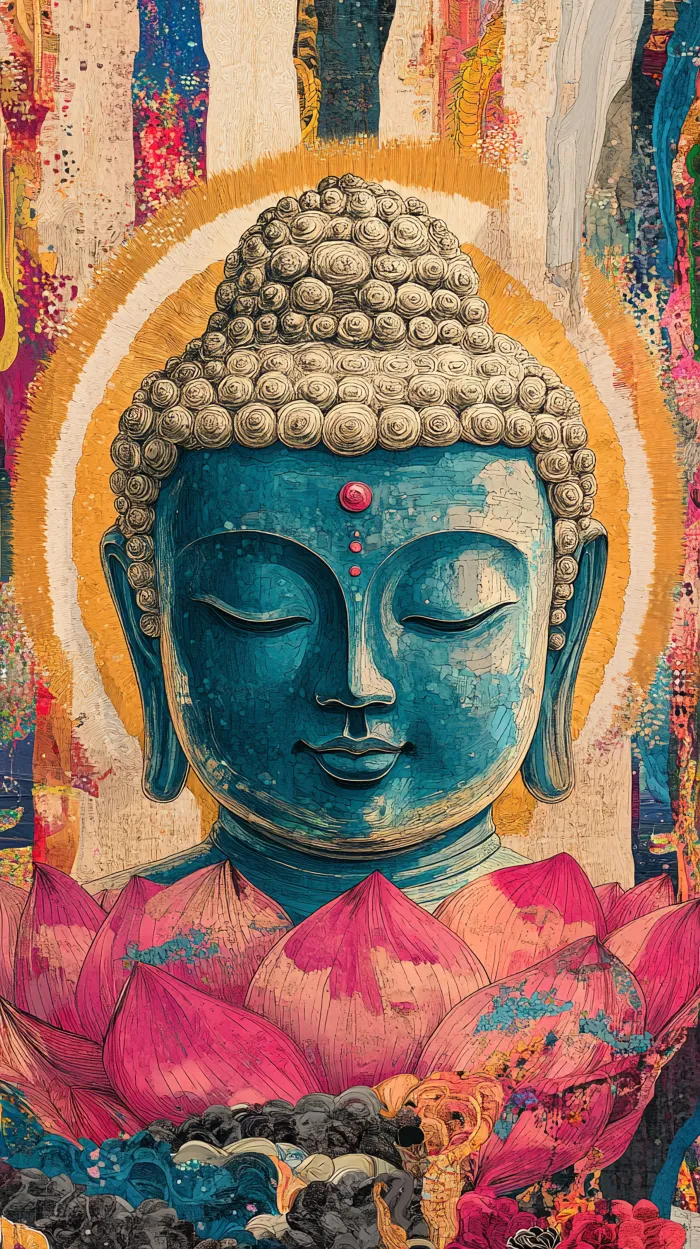 Contemporary blue Buddha portrait in meditation rising from a pink lotus flower with a golden halo. | PrintPosters.in